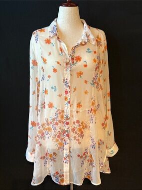 Hope Springs Sheer Off White Floral-Print Button Down Shirt 2XL